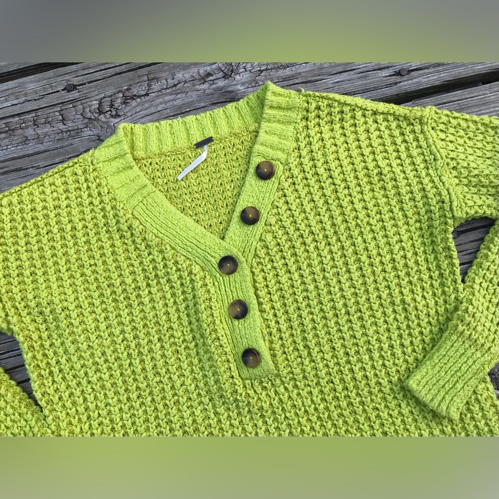 FREE PEOPLE Lime Green Whistle Thermal Henley Button Sweater Top Pullover V Neck - Picture 4 of 13